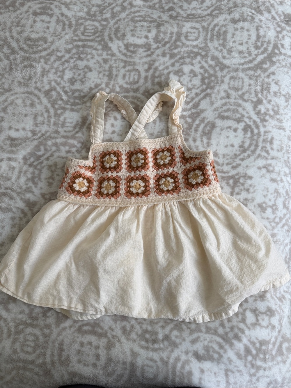 Haute Hippie Cream Top with Peach and Brown Crochet Yoke